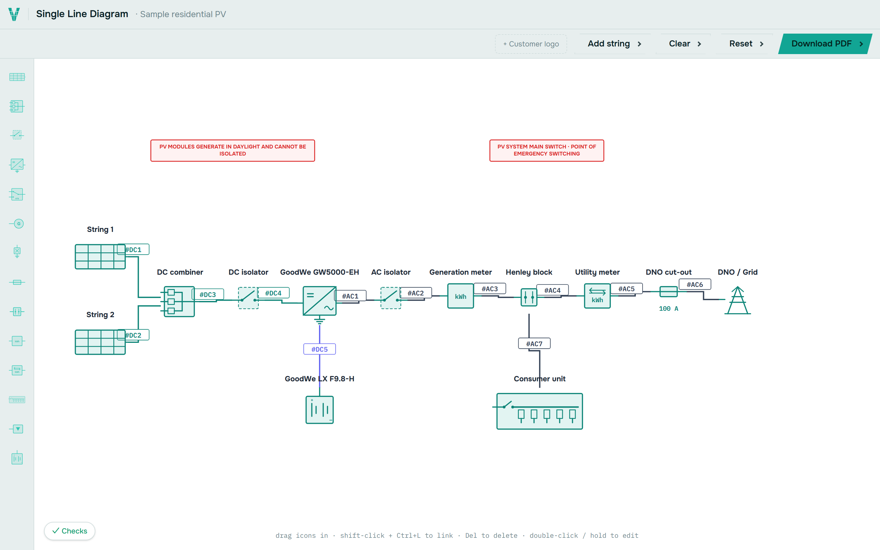 SimpliPV single-line diagram editor showing strings, combiner, isolators, a GoodWe inverter and battery, meters and the DNO grid connection