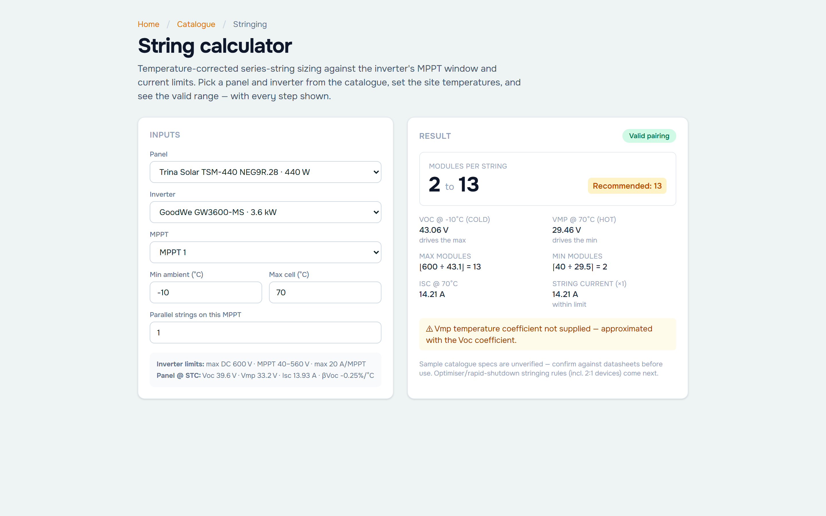 SimpliPV string calculator showing a valid Trina panel and GoodWe inverter pairing with 2 to 13 modules per string and the temperature-corrected working